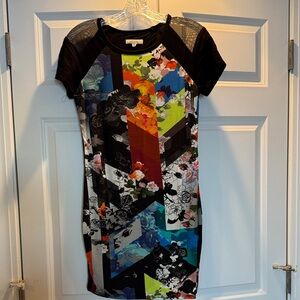 Colorful Trina Turk dress with mesh illusion shoulders